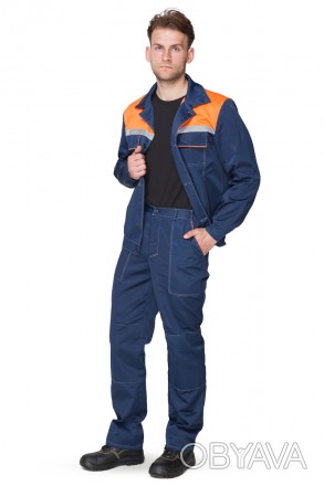 Синий рабочий мужской костюм состоит из куртки и брюк. Основной цвет синий, коке. . фото 1