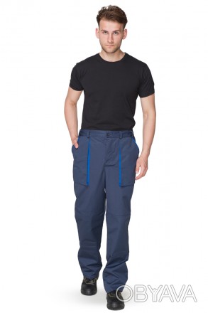 Темно-синие мужские рабочие брюки классического кроя, пояс на резинке по бокам, . . фото 1