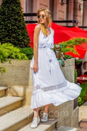 Сарафан с кружевом Модель 035 Цвет Белый Ткань лен длина платья 123см, ОГ – 92см. . фото 3