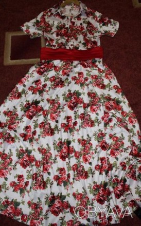 Шикарное белое с красными розами платье в пол, шито на заказ на рост 166 см и вы. . фото 1
