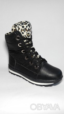 Ботинки, полусапожки дутые на девочку черные с леопардовыми вставками, ТМ "Том.М. . фото 1