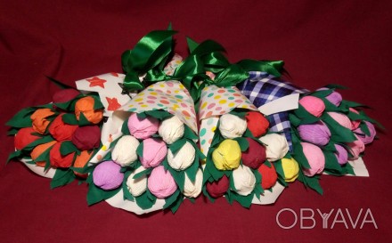 Тюльпаны из гофр.бумаги (с конфетами) для любого события .
Цвет и размер букета. . фото 1