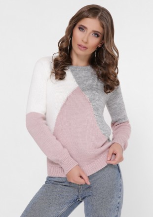 Трёхцветный женский свитер, круглый вырез горловины, рукава на манжетах
 
Размер. . фото 2