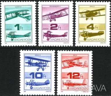 Венгрия - самолёты
1988 г.в.
Scott# C448-C452
Michel# 3984-3988
MNH XF 
Полная с. . фото 1