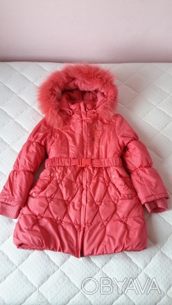 Зимнее тёплое пальто "Kiko" р.128/8.Красивого кораллового цвета.Из нюансов:мехов. . фото 1