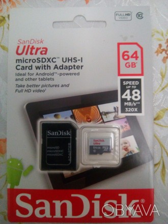 Продам microSD флешку на 64Гигабайта 10 класса скорость 48 Mb/s!!! С адаптером п. . фото 1