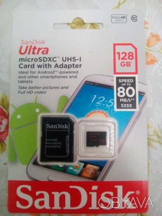 Продам microSD флешку на 128 Гигабайта 10 класса скорость 80 Mb/s!!! С адаптером. . фото 1