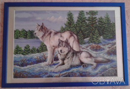 Картина "Волки на снегу" - ручная работа, вышитая чешским бисером на атласной ос. . фото 1