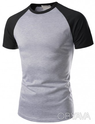 Универсальная мужская серая футболка с черными рукавами "реглан".. . фото 1
