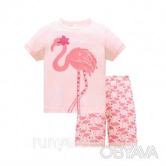 Розовая летняя пижама Фламинго Baobaby для девочки. В комплекте: шотрики и футбо. . фото 1