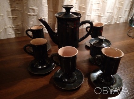 Сервиз кофейный керамический черного цвета на 6 персон. 14 предметов: кофейник, . . фото 1