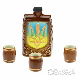 Графин - штоф в виде фляги с украинской символикой и три керамические рюмочки - . . фото 1