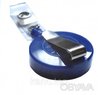 Ретрактор-рулетка круглой формы пластиковый, с металлическим клипом, цвет синий.. . фото 1