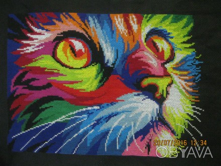 Ручная работа. Вышитая картина «Радужный котик». Картина выполнена на черной кан. . фото 1