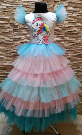 Нарядное детское платье на корсете пудровое с голубым. Верх украшен аппликацией . . фото 2