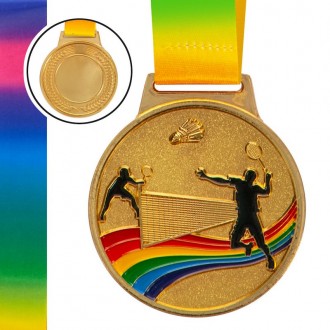 Медаль спортивная с лентой цветная d-6,5см Бадминтон C-0346 (металл, 38g золото,. . фото 2