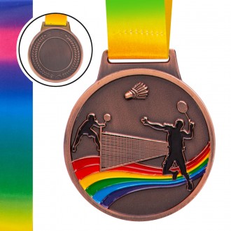 Медаль спортивная с лентой цветная d-6,5см Бадминтон C-0346 (металл, 38g золото,. . фото 3