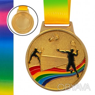 Медаль спортивная с лентой цветная d-6,5см Бадминтон C-0346 (металл, 38g золото,. . фото 1