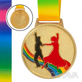 Медаль спортивная с лентой цветная d-6,5см Танцы  (металл, 38g золото, серебро,