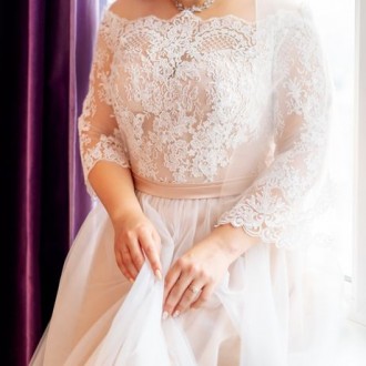 Продам нежное свадебное платье айвори-беж с прозрачными рукавами и лёгким шлейфо. . фото 6