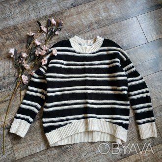 Объемный свитер, тёплая кофта от H&M/черная с бежевым/шерсть оверсайз
Размер ук. . фото 1