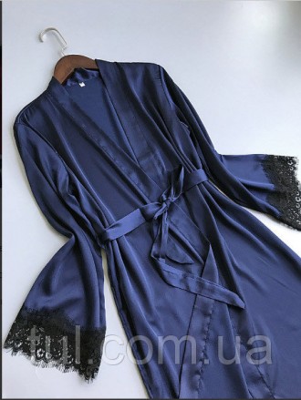 Сексуальный, шелковый халат+пеньюар в синем цвете. Халат на запах из тонкого атл. . фото 3