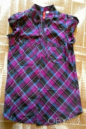 Рубашка удлиненная в клетку с коротким рукавом - красивого ежевичного цвета!!!
. . фото 1