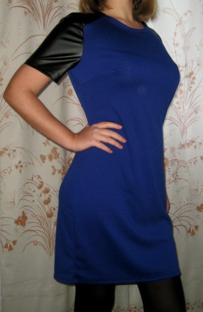 Синее платье из французского трикотажа и вставками и рукавами из кожзама. 46 раз. . фото 5