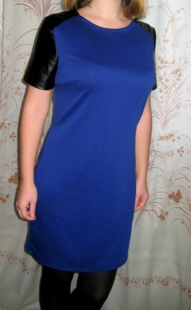 Синее платье из французского трикотажа и вставками и рукавами из кожзама. 46 раз. . фото 6