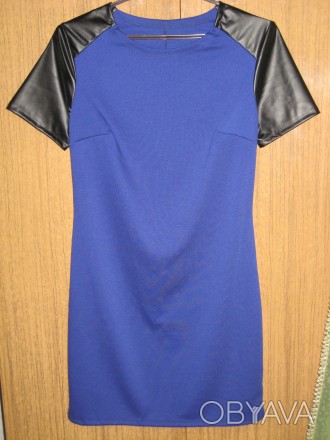 Синее платье из французского трикотажа и вставками и рукавами из кожзама. 46 раз. . фото 1