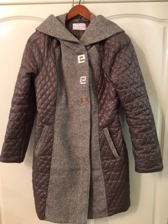 Комбинированное пальто из твида - шерстяной меланжевой ткани и водоотталкивающей. . фото 2