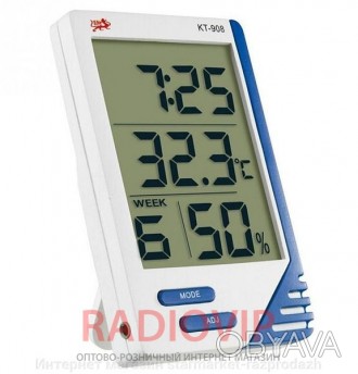Термометр электронный с гигрометром, часами, будильником, календарём и выносным . . фото 1