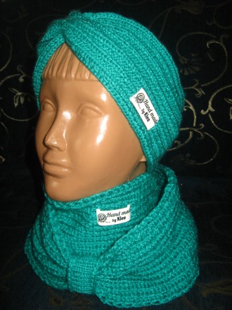 Яркий комплект весна - осень цвет бирюза, повязочка на голову и шарф - хомут в 2. . фото 2