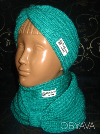 Яркий комплект весна - осень цвет бирюза, повязочка на голову и шарф - хомут в 2. . фото 1