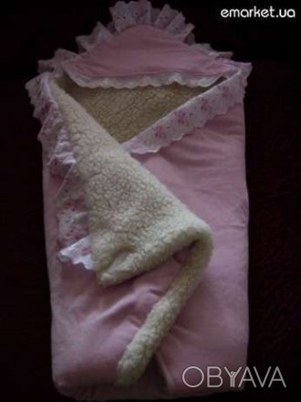 Конверт-одеяло, розового цвета. Вверх плюшевый, внутри на овчине, застежка на ли. . фото 1