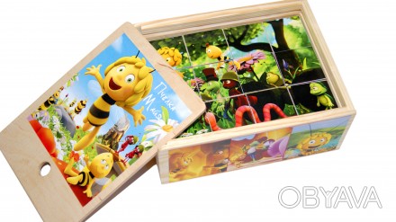 Высококачественные деревянные кубики для малышей. На гранях кубика рисунки пчелы. . фото 1