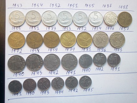 продам монеты италии 106штук ,монеты выбраные по годам без повторов цена за все . . фото 5