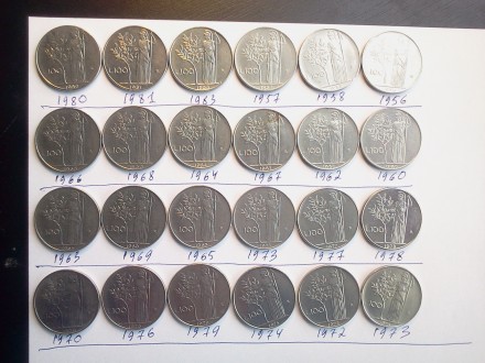 продам монеты италии 106штук ,монеты выбраные по годам без повторов цена за все . . фото 2