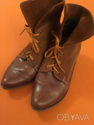 Демисезонные ботинки на шнурках комбинированные из натуральной кожи и замши рыже. . фото 1