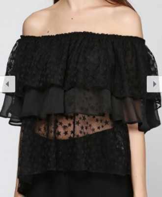 Нежная, полупрозрачная блуза с открытыми плечиками насыщенного черного цвета, со. . фото 3
